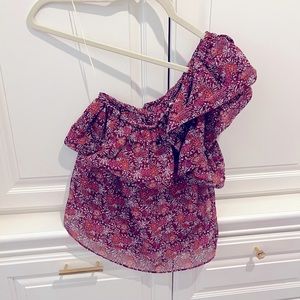 MISA one shoulder ruffle top in purple floral, EUC, XS